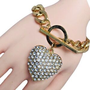 Gold Icy Crystal Heart Bracelet 8" Curb Chain Toggle Valentines Day Lovecore